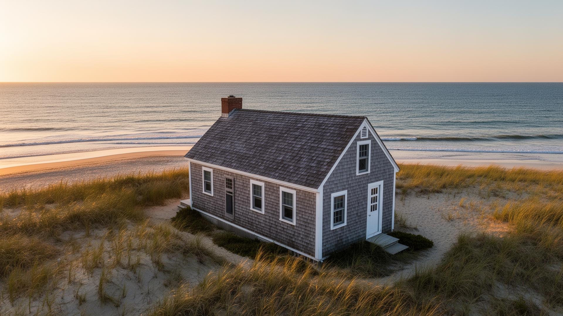 Aerial view of a classic Cape Cod cottage on the dunes at sunset
